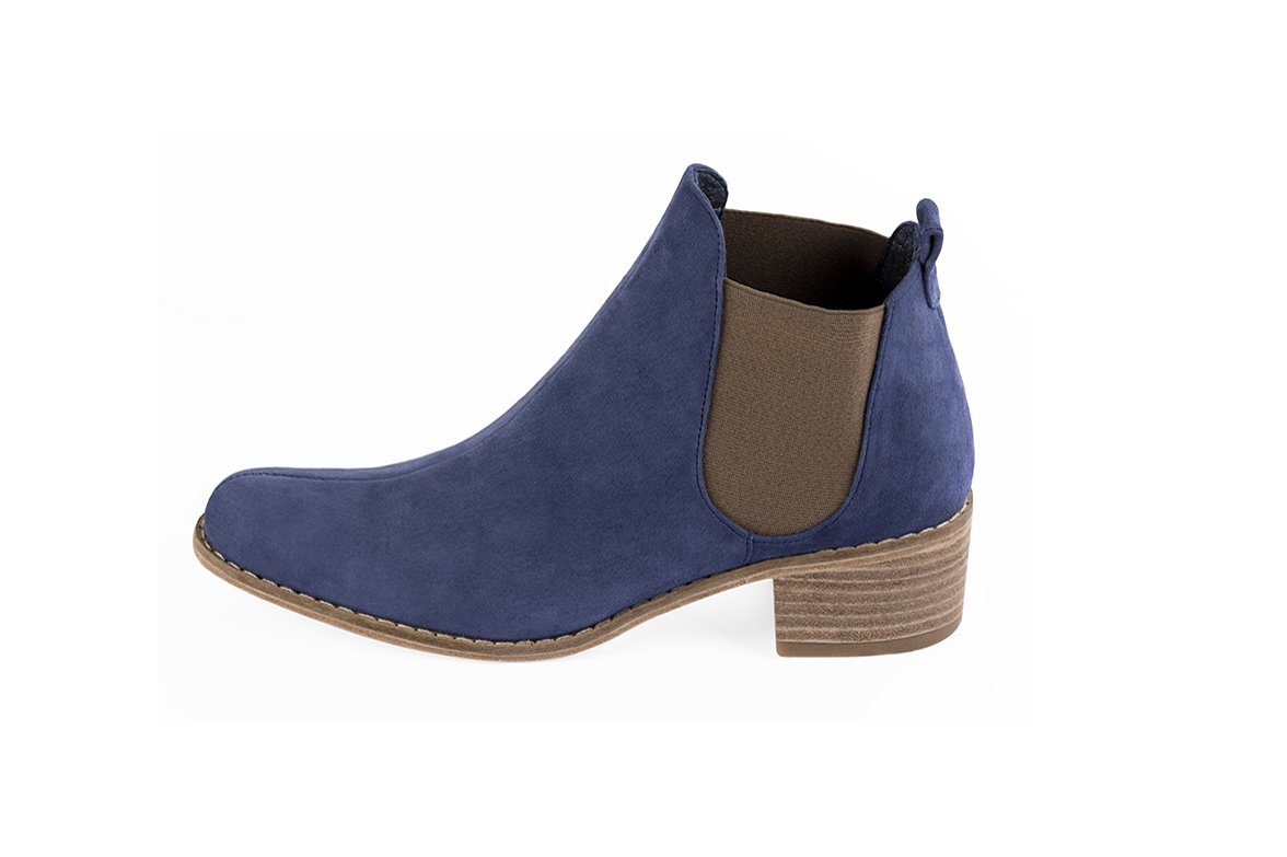 Prussian blue and taupe brown women's ankle boots, with elastics. Round toe. Low leather soles. Profile view - Florence KOOIJMAN
